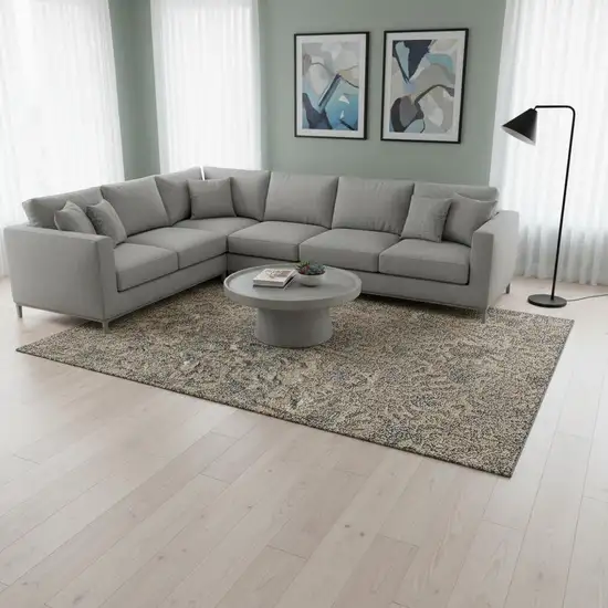 Khaki And Gray Floral Washable Area Rug With UV Protection Photo 2