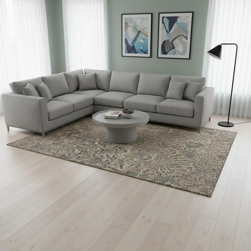 Khaki And Gray Floral Washable Area Rug With UV Protection Photo 2