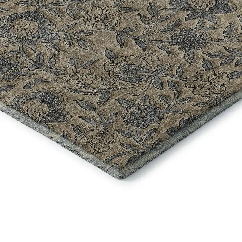 Khaki And Gray Floral Washable Area Rug With UV Protection Photo 8