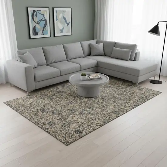 Khaki And Gray Floral Washable Area Rug With UV Protection Photo 2