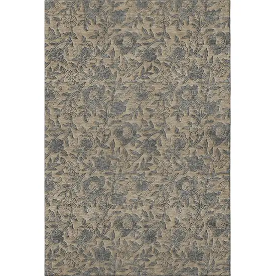 Khaki And Gray Floral Washable Area Rug With UV Protection Photo 4