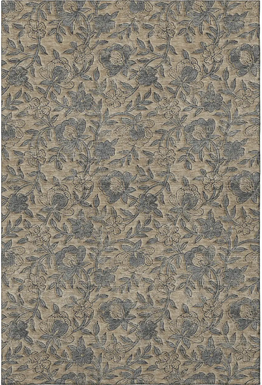 Khaki And Gray Floral Washable Area Rug With UV Protection Photo 4