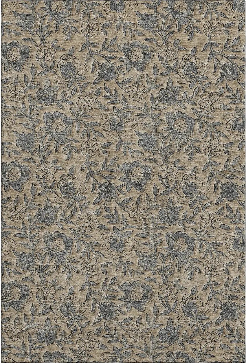 Khaki And Gray Floral Washable Area Rug With UV Protection Photo 1