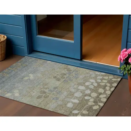 Khaki And Gray Floral Washable Indoor Outdoor Area Rug Photo 2
