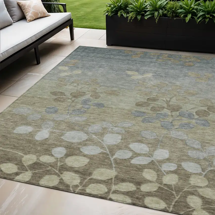 Khaki And Gray Floral Washable Indoor Outdoor Area Rug Photo 2