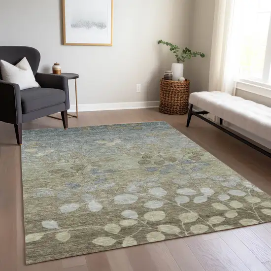 Khaki And Gray Floral Washable Indoor Outdoor Area Rug Photo 7