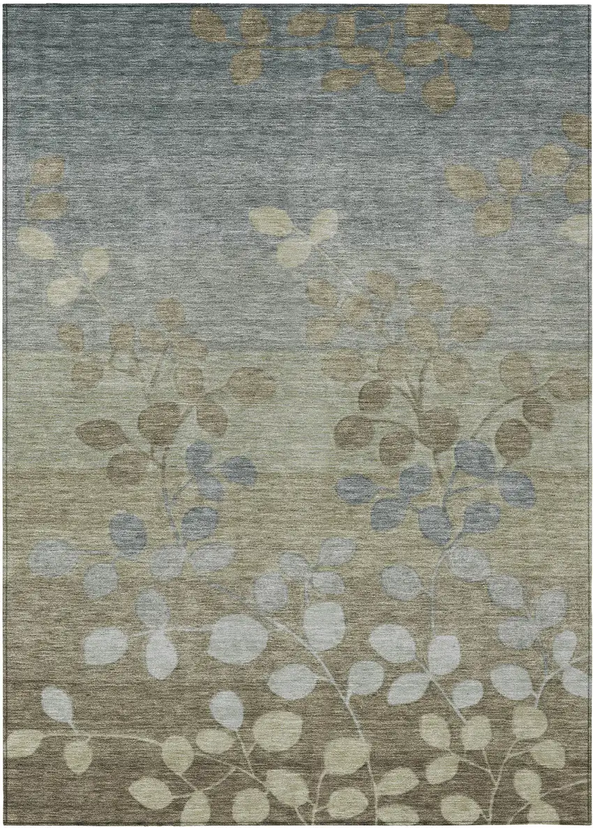 Khaki And Gray Floral Washable Indoor Outdoor Area Rug Photo 1