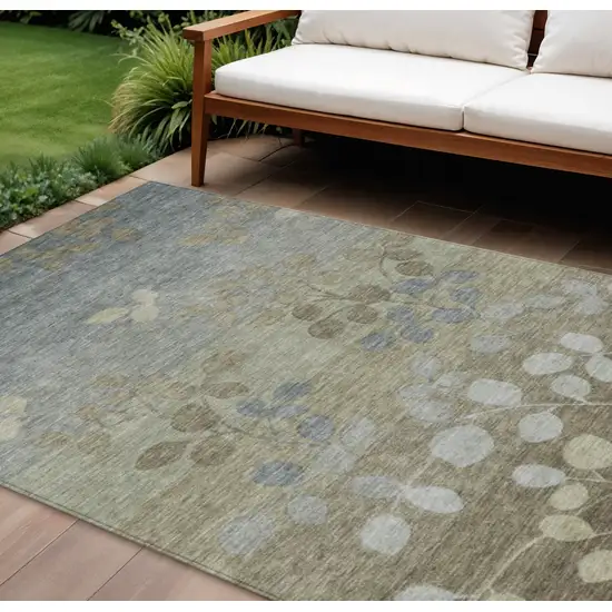 Khaki And Gray Floral Washable Indoor Outdoor Area Rug Photo 2