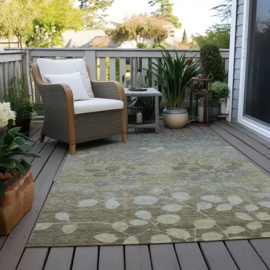 Khaki And Gray Floral Washable Indoor Outdoor Area Rug Photo 4
