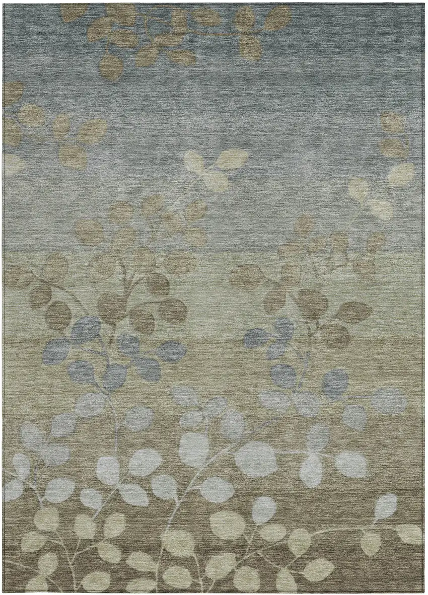 Khaki And Gray Floral Washable Indoor Outdoor Area Rug Photo 1