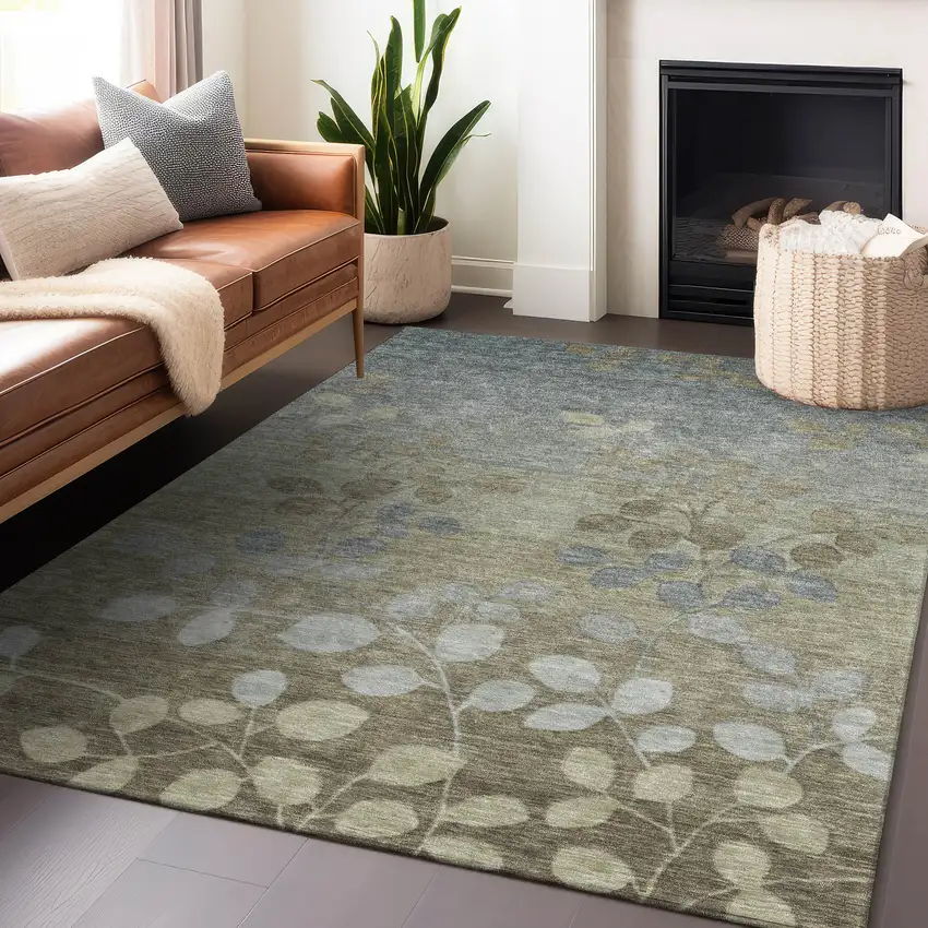 Khaki And Gray Floral Washable Indoor Outdoor Area Rug Photo 5
