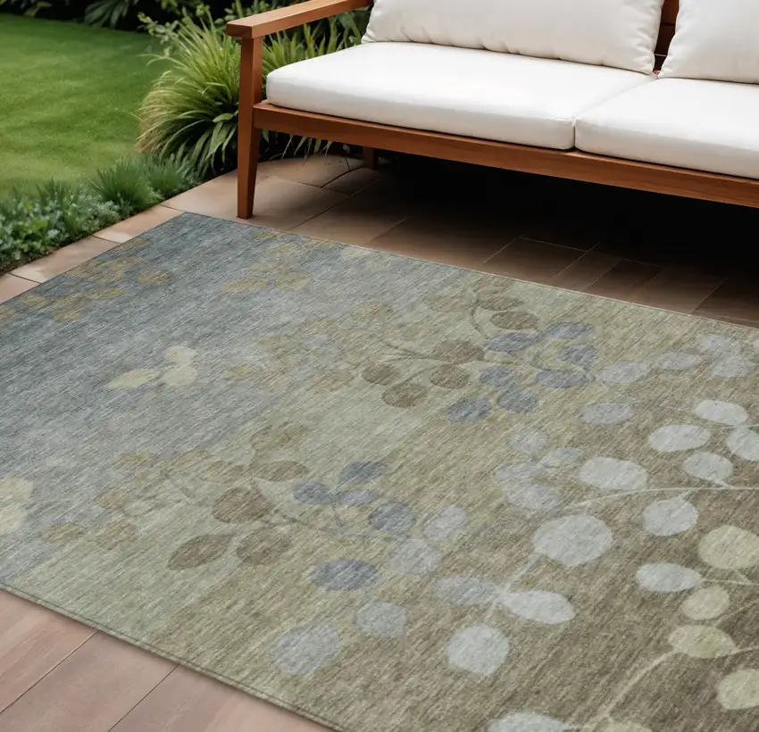 Khaki And Gray Floral Washable Indoor Outdoor Area Rug Photo 1