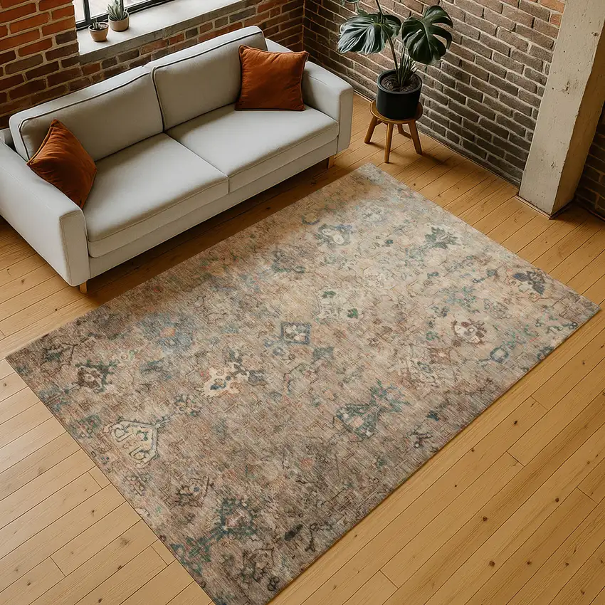 Khaki And Gray Medallion Washable Indoor Outdoor Area Rug Photo 9