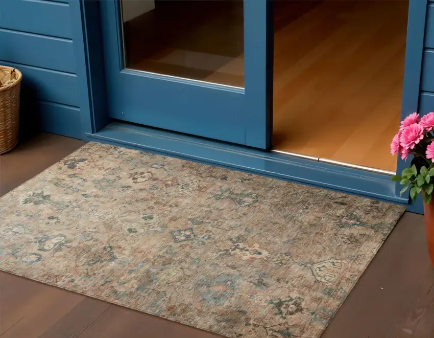 Khaki And Gray Medallion Washable Indoor Outdoor Area Rug Photo 1