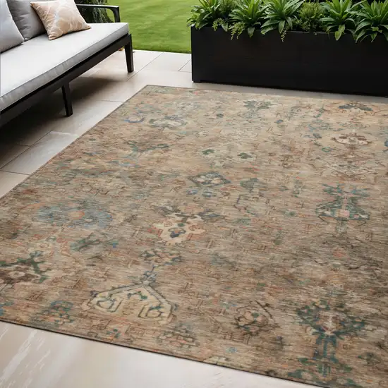 Khaki And Gray Medallion Washable Indoor Outdoor Area Rug Photo 1