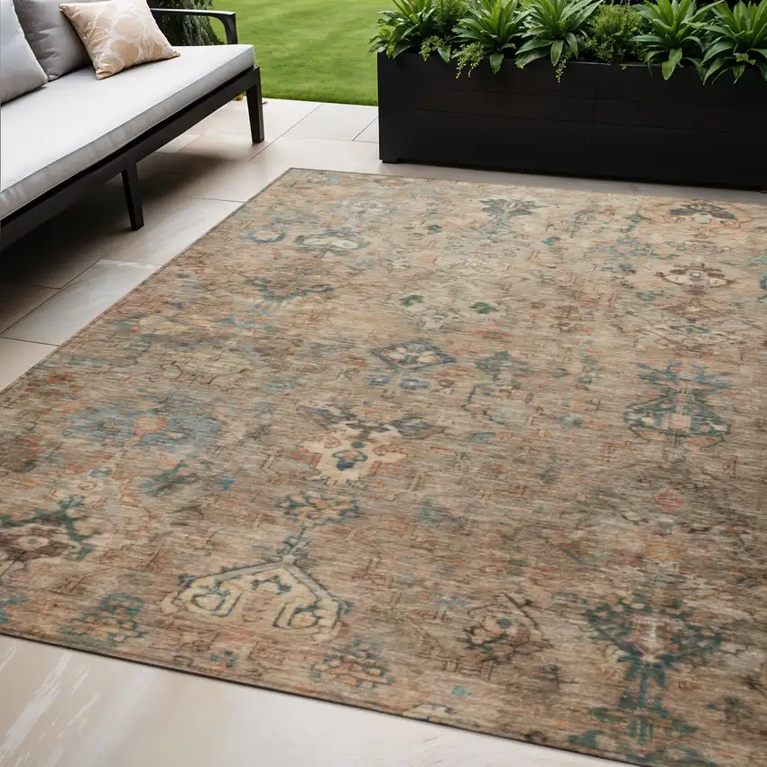 Khaki And Gray Medallion Washable Indoor Outdoor Area Rug Photo 1