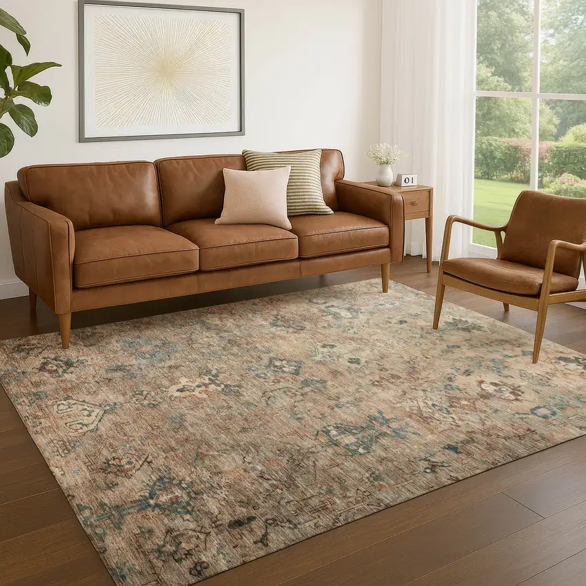 Khaki And Gray Medallion Washable Indoor Outdoor Area Rug Photo 9