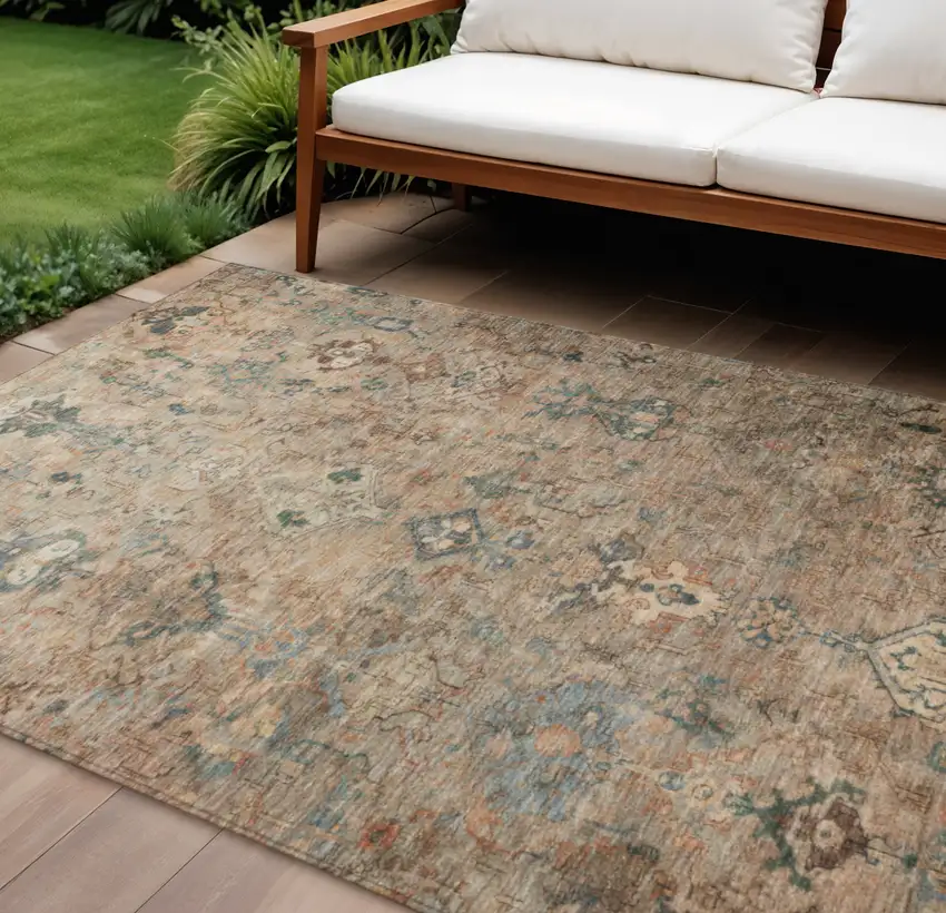 Khaki And Gray Medallion Washable Indoor Outdoor Area Rug Photo 1