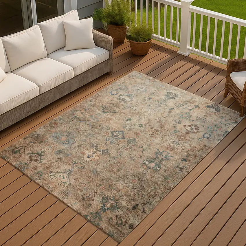 Khaki And Gray Medallion Washable Indoor Outdoor Area Rug Photo 9