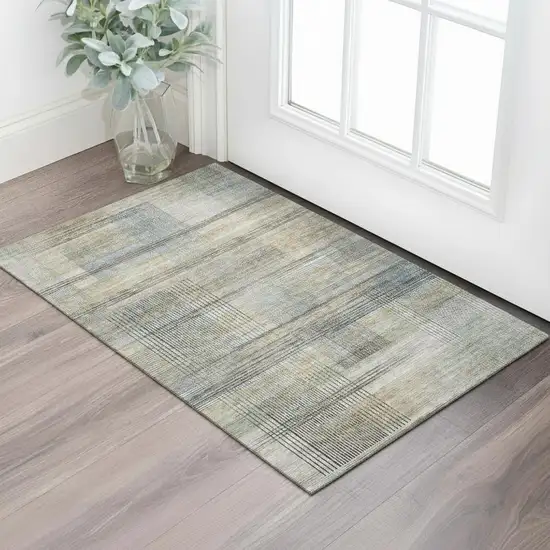 Khaki And Gray Striped Washable Area Rug With UV Protection Photo 1