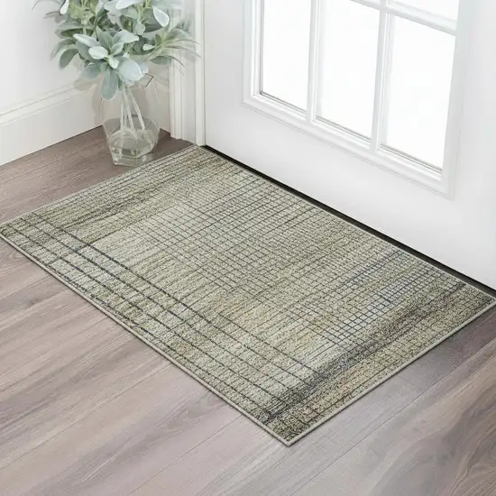 Khaki And Gray Striped Washable Area Rug With UV Protection Photo 2