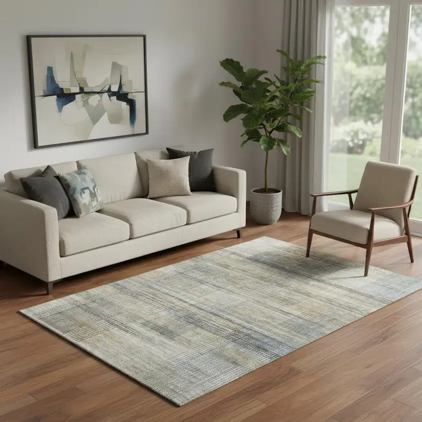 Khaki And Gray Striped Washable Area Rug With UV Protection Photo 1