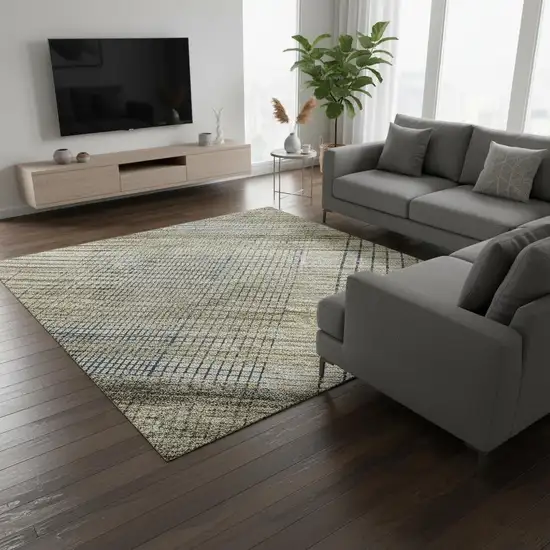 Khaki And Gray Striped Washable Area Rug With UV Protection Photo 2