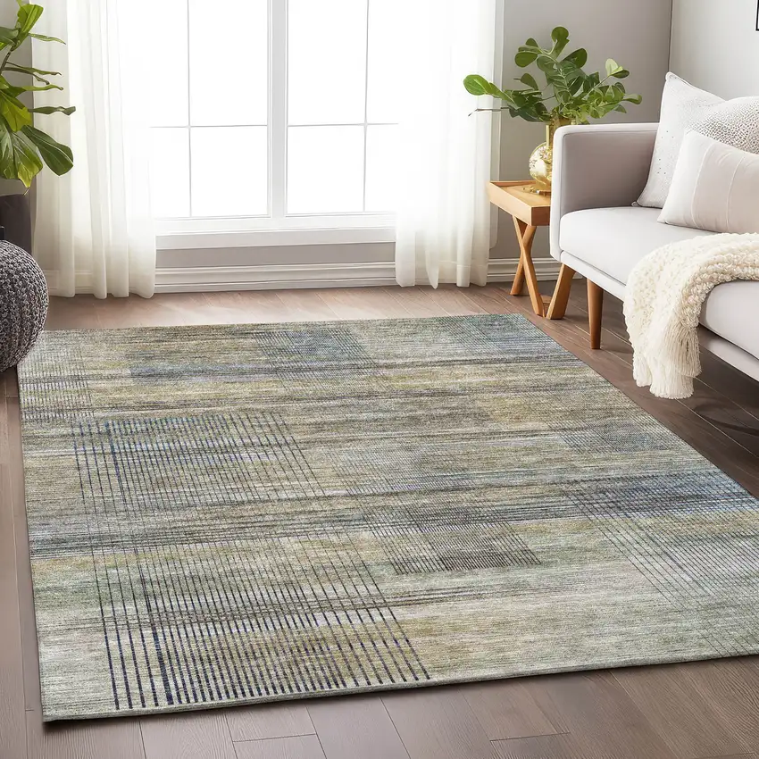 Khaki And Gray Striped Washable Area Rug With UV Protection Photo 4