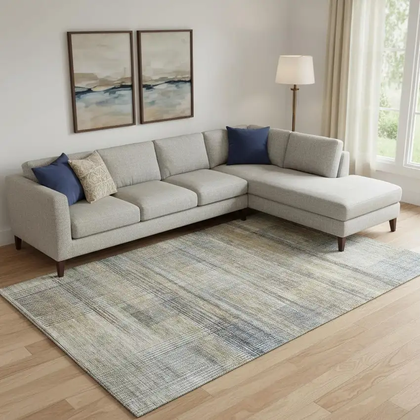 Khaki And Gray Striped Washable Area Rug With UV Protection Photo 1