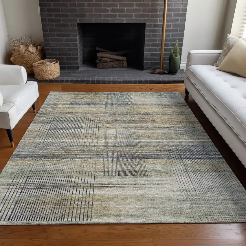 Khaki And Gray Striped Washable Area Rug With UV Protection Photo 3