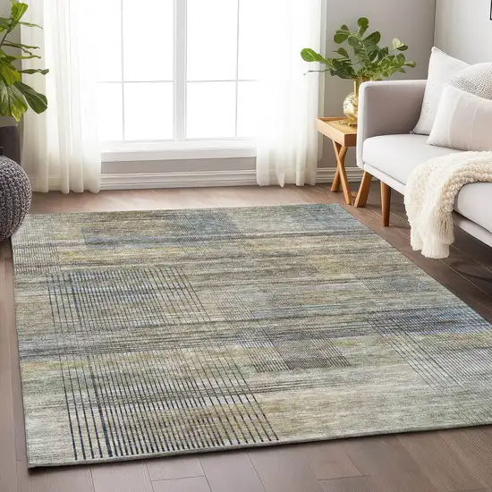 Khaki And Gray Striped Washable Area Rug With UV Protection Photo 4
