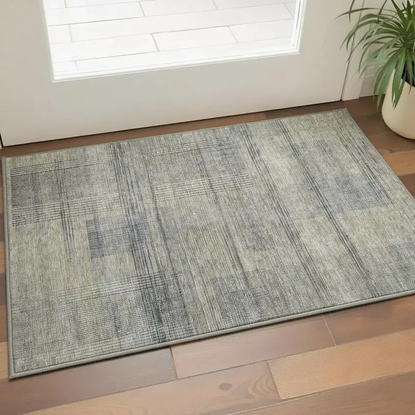Khaki And Gray Striped Washable Area Rug With UV Protection Photo 2