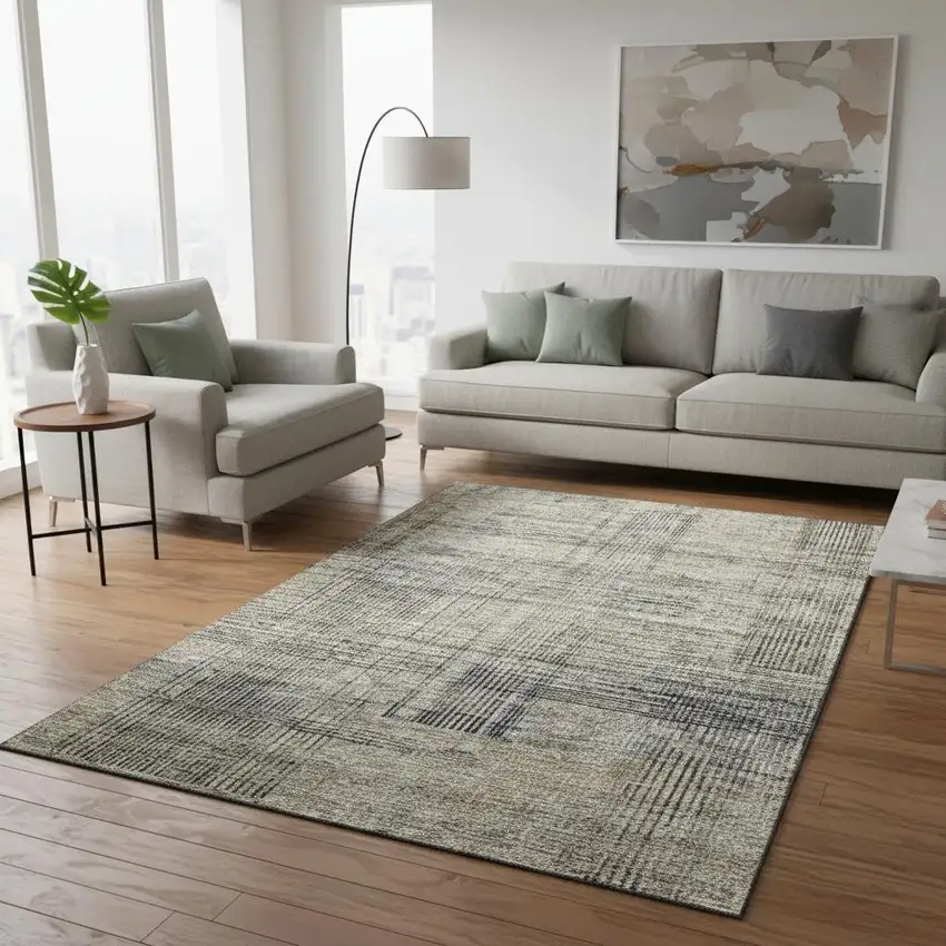 Khaki And Gray Striped Washable Area Rug With UV Protection Photo 2