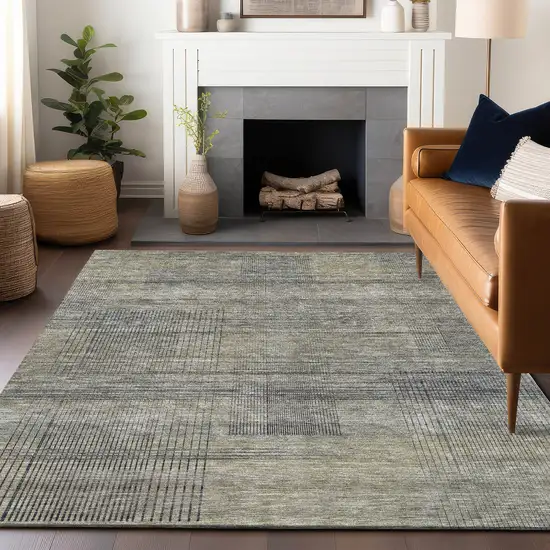 Khaki And Gray Striped Washable Area Rug With UV Protection Photo 5