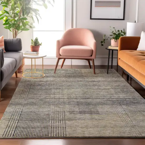 Khaki And Gray Striped Washable Area Rug With UV Protection Photo 4