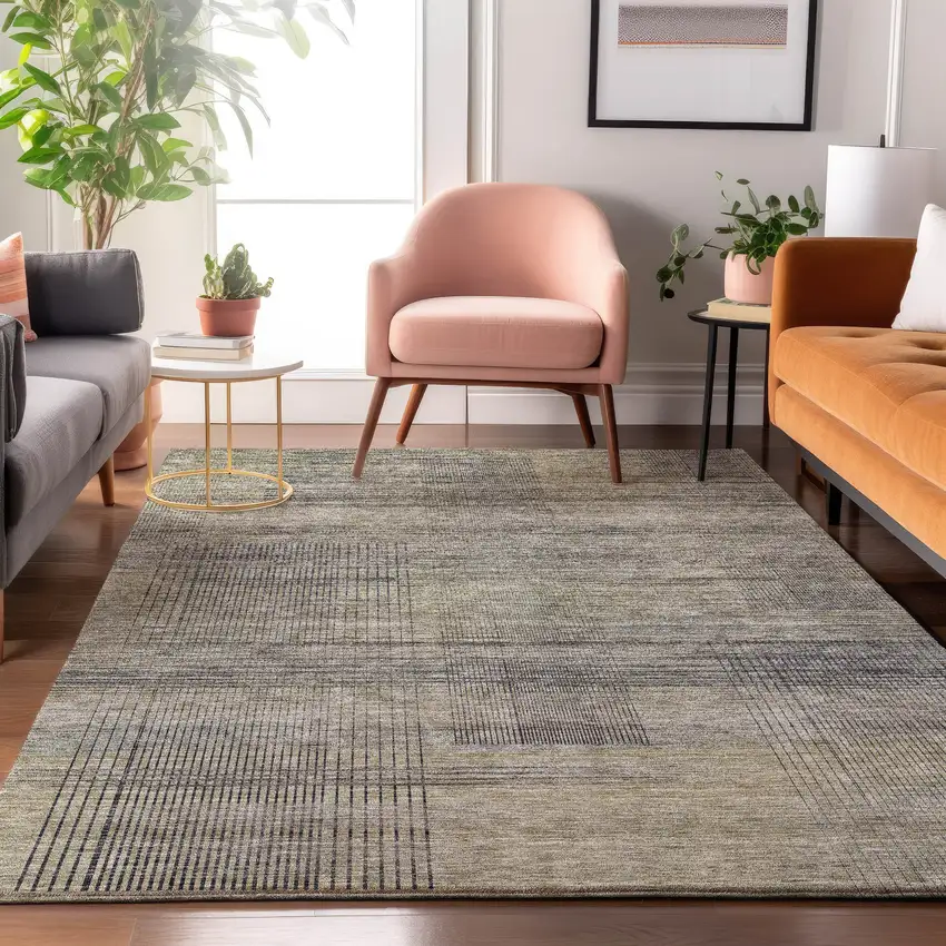 Khaki And Gray Striped Washable Area Rug With UV Protection Photo 4
