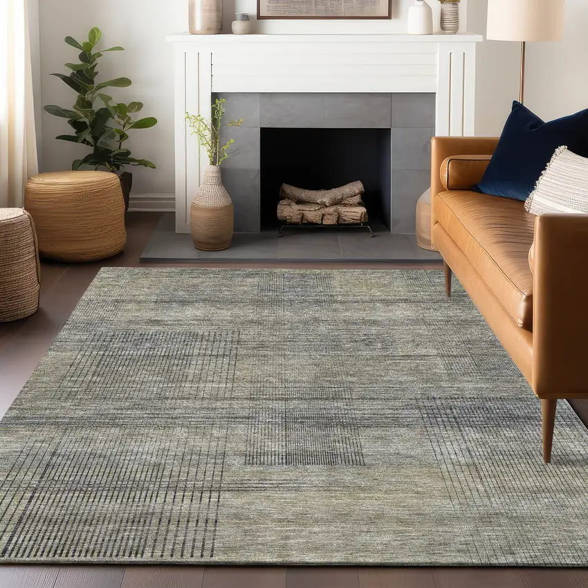 Khaki And Gray Striped Washable Area Rug With UV Protection Photo 5