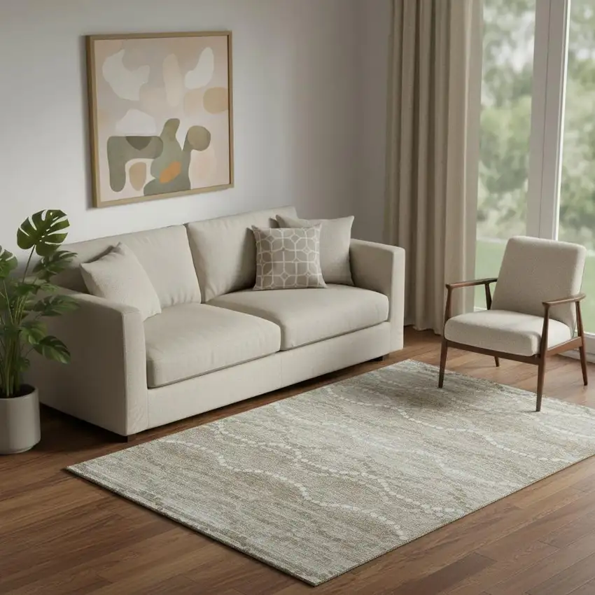 Khaki And Ivory Abstract Geometric Washable Area Rug With UV Protection Photo 2