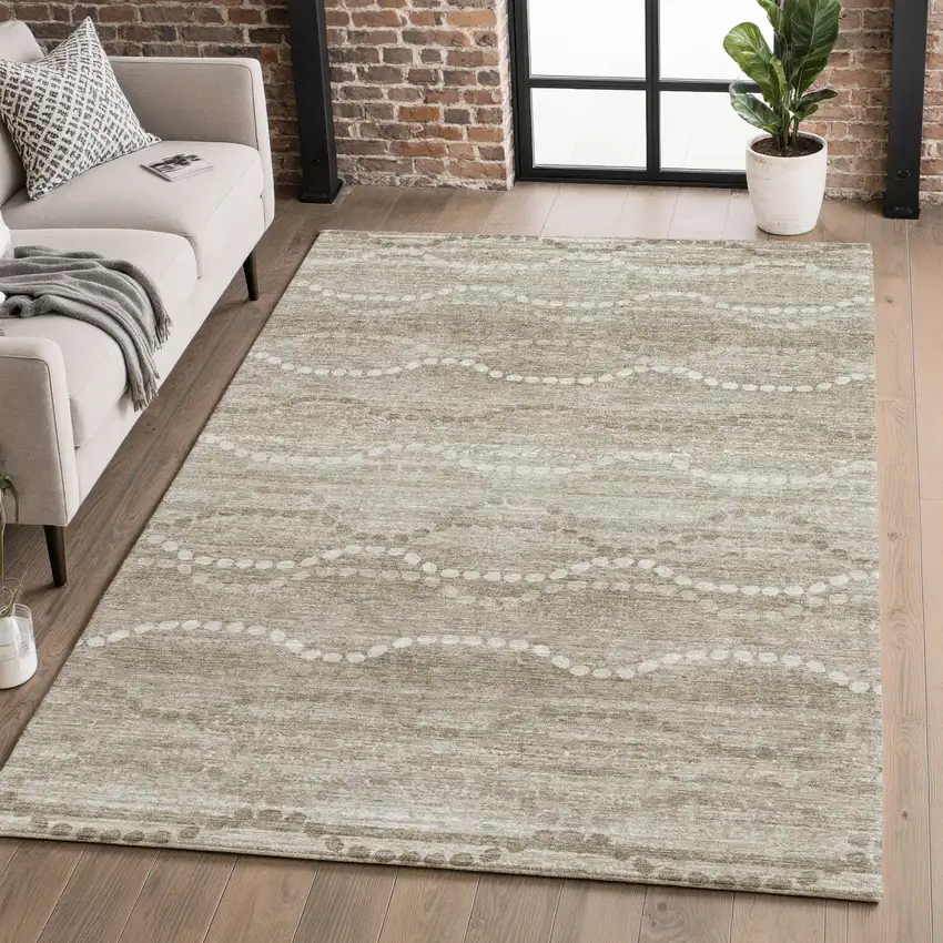 Khaki And Ivory Abstract Geometric Washable Area Rug With UV Protection Photo 5