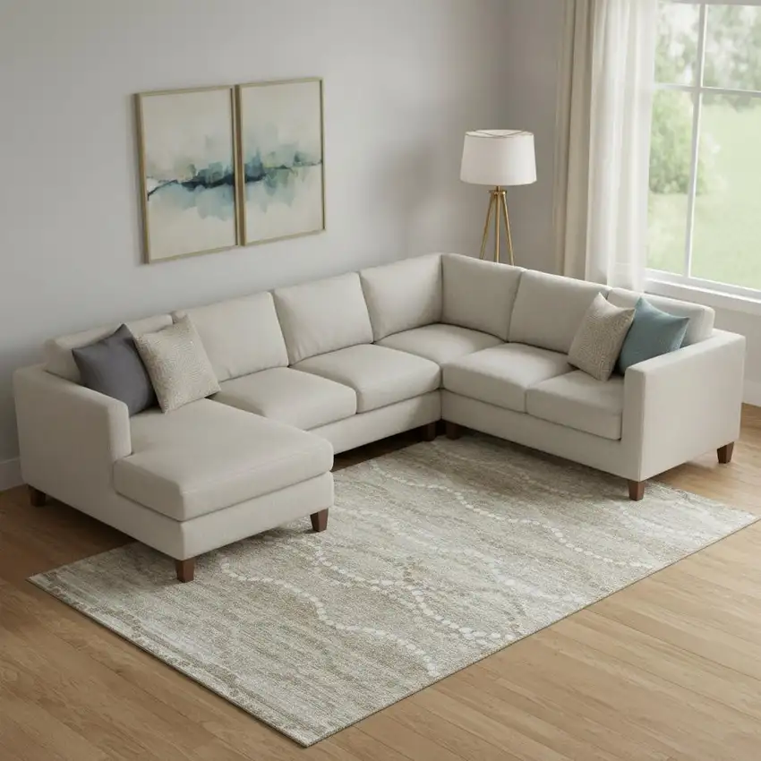 Khaki And Ivory Abstract Geometric Washable Area Rug With UV Protection Photo 2