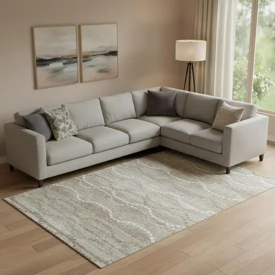 Khaki And Ivory Abstract Geometric Washable Area Rug With UV Protection Photo 2