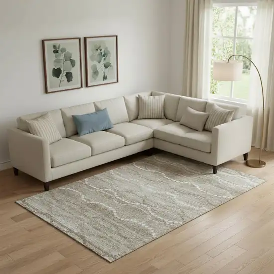 Khaki And Ivory Abstract Geometric Washable Area Rug With UV Protection Photo 2