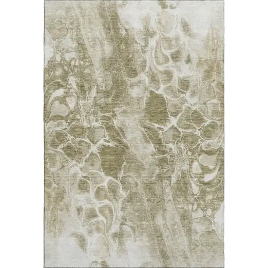 Khaki And Ivory Abstract Washable Area Rug With UV Protection Photo 1