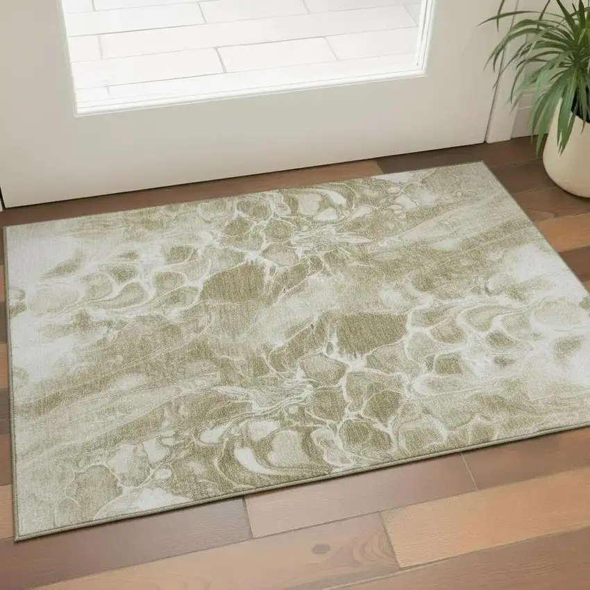 Khaki And Ivory Abstract Washable Area Rug With UV Protection Photo 2