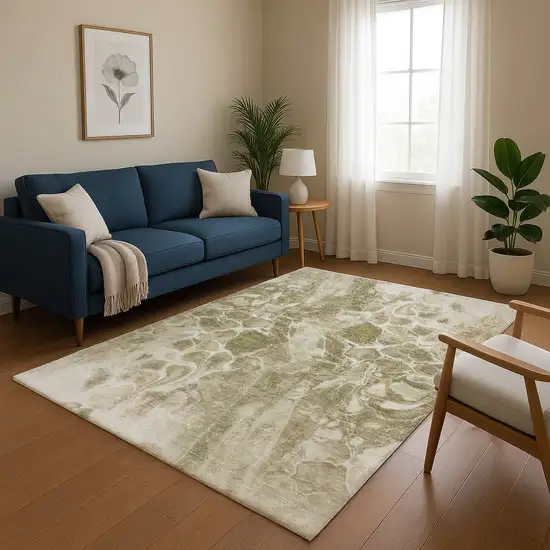 Khaki And Ivory Abstract Washable Area Rug With UV Protection Photo 5