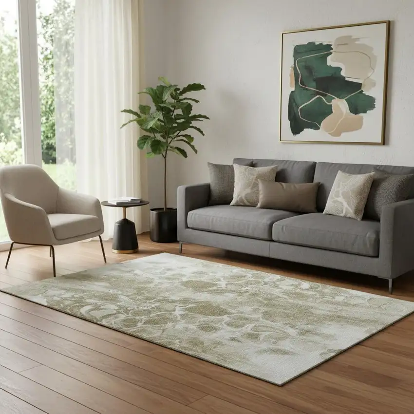 Khaki And Ivory Abstract Washable Area Rug With UV Protection Photo 2