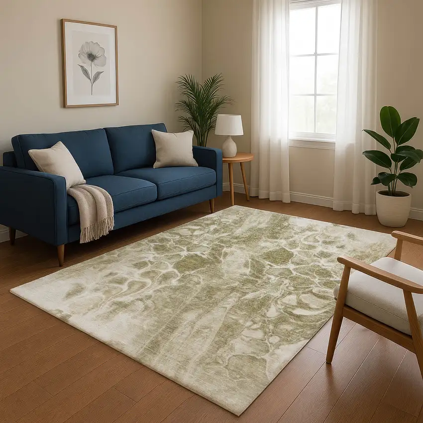 Khaki And Ivory Abstract Washable Area Rug With UV Protection Photo 5