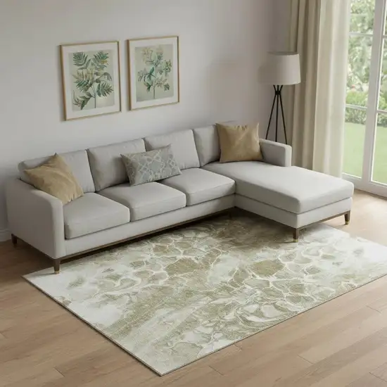 Khaki And Ivory Abstract Washable Area Rug With UV Protection Photo 2