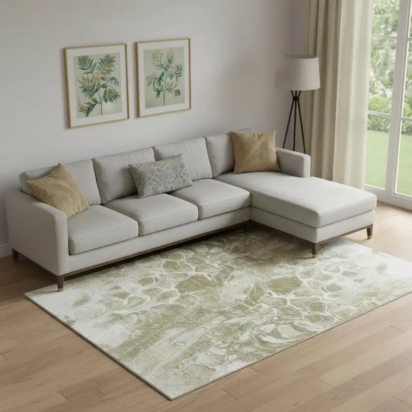 Khaki And Ivory Abstract Washable Area Rug With UV Protection Photo 2