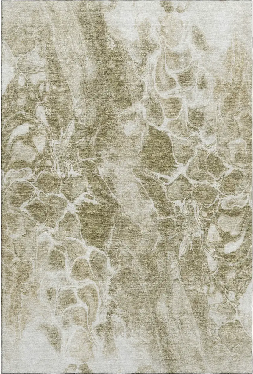 Khaki And Ivory Abstract Washable Area Rug With UV Protection Photo 1